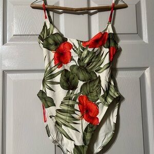 Women's Tropical Floral One-Piece Swimsuit in White with Red Hibiscus